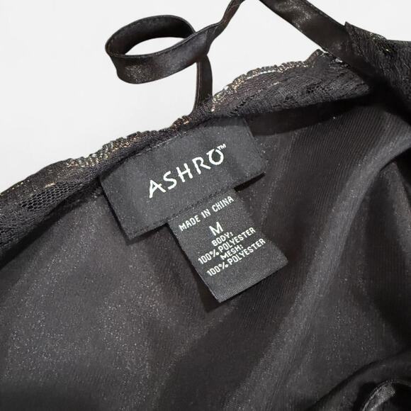 Ashro Black Satin & Sheer Mesh Gold Sequin Asymmetrical Maxi Lingerie Slip Dress - Picture 7 of 7